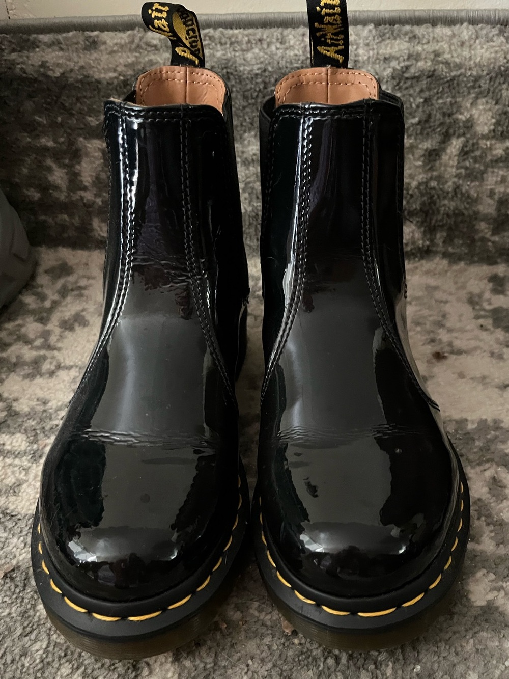 Dr. Martens Black Patent Chelsea Boots with Yellow Stitching